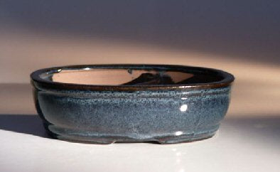 Blue Ceramic Bonsai Pot - Oval - Land/Water Divider -7.75  x  6.0  x  2.5