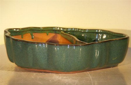 Blue/Green Ceramic Bonsai Pot with Scalloped Edges - Land/Water Divider - 9.5 x 7.5 x 2.25