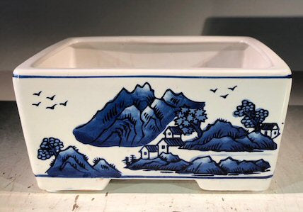 Blue on White Porcelain Bonsai Pot - Rectangle -8.5 x 6.5 x 4