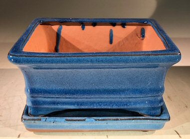 Blue Ceramic Bonsai Pot -Rectangle-With Humidity Drip Tray-6 x 4.5 x 3