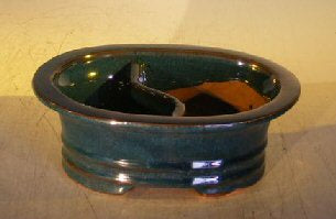 Dark Blue Ceramic Bonsai Pot - Oval-Land/Water Divider -8.0 x 6.0 x 3.0 OD-6.5 x 5.0 x 2.5 ID