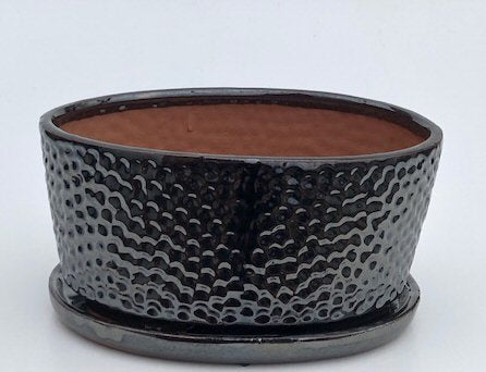 Crackle Black Ceramic Bonsai Pot - Oval-With Humidity / Drip Tray-10.5 x 8.25 x 4.75