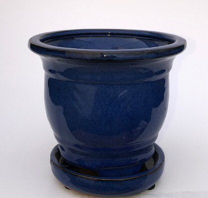 Blue Ceramic Bonsai Pot - Round-Attached Humidity/Drip tray-5.75 x 5.75 x 5.0