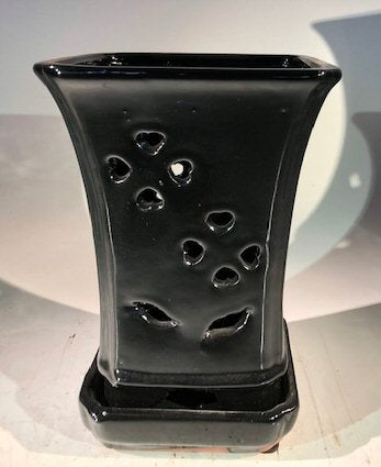 Black Ceramic Orchid Pot - Square -With Attached Humidity Drip Tray-6.5 x 6.5 x 9