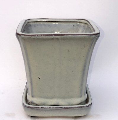 Beige Ceramic Bonsai Pot-Square With Attached Humidity / Drip Tray -5.25 x 5.25 x 5.5