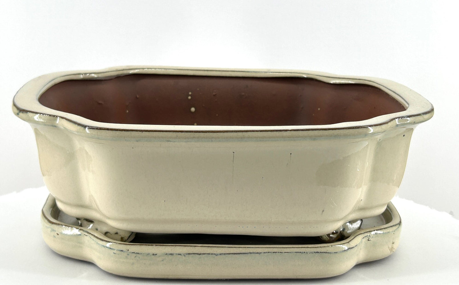 Beige Rectangle Ceramic Bonsai Pot-With Humidity / Drip Tray