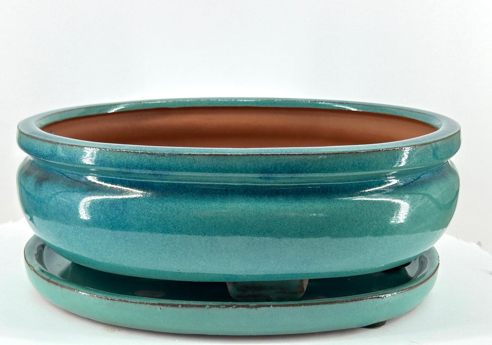 Turquoise Oval Ceramic Bonsai Pot-With Humidity Drip Tray