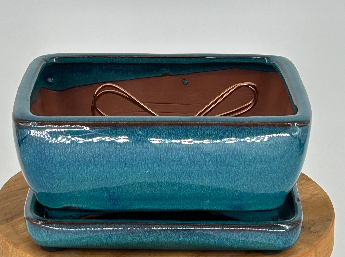 Green Ceramic Bonsai Pot  With Attached Humidity/Drip tray - Professional Series-Rectangle -6.37 x 4.75 x 2.625