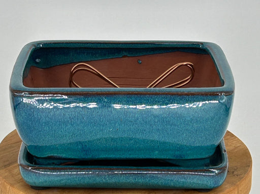 Green Ceramic Bonsai Pot  With Attached Humidity/Drip tray - Professional Series-Rectangle -6.37 x 4.75 x 2.625