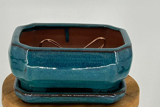 Blue / Green Ceramic Bonsai Pot- Rectangle -Professional Series with Attached Humidity/Drip Tray -6.37 x 4.75 x 2.625