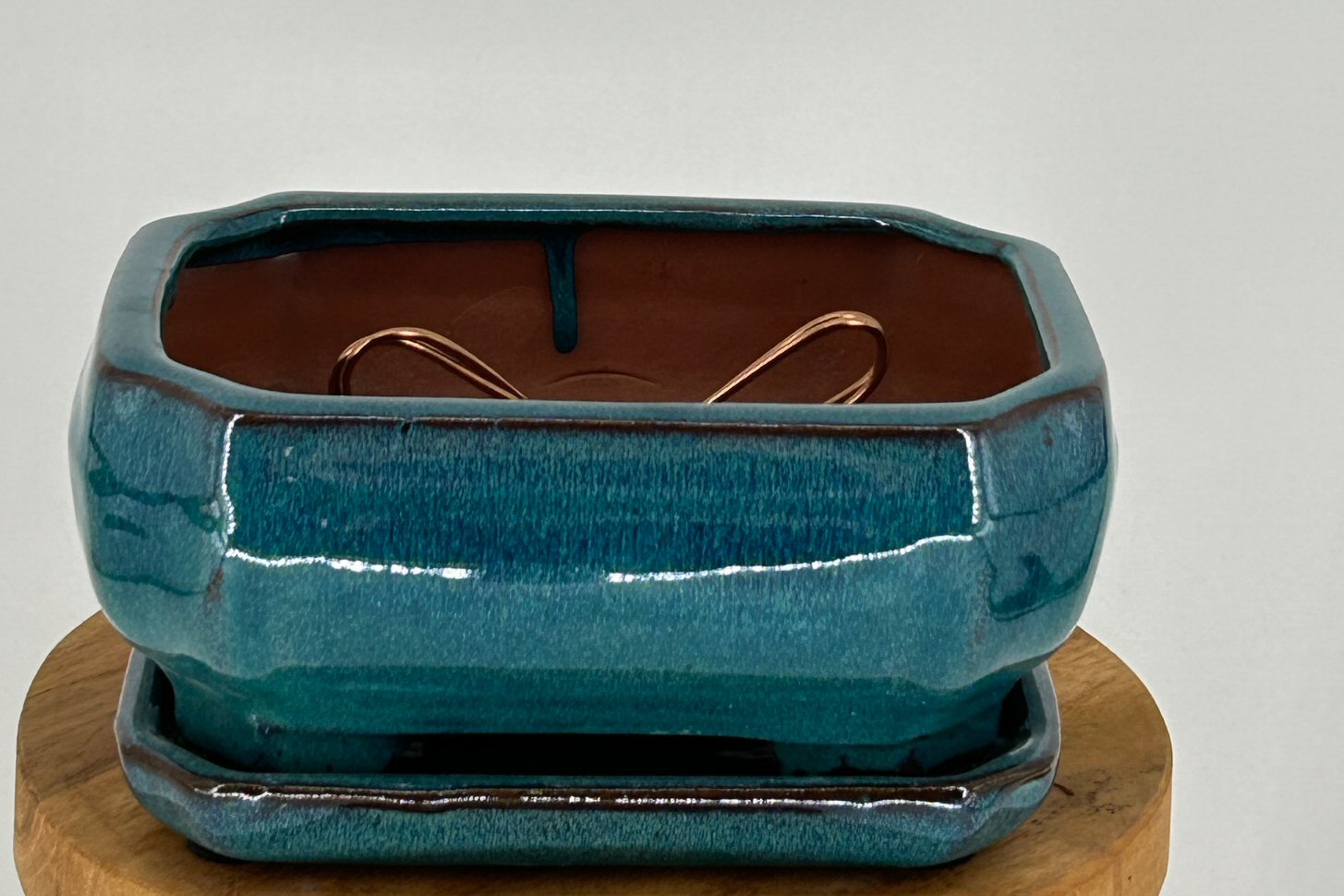 Blue / Green Ceramic Bonsai Pot- Rectangle -Professional Series with Attached Humidity/Drip Tray -6.37 x 4.75 x 2.625
