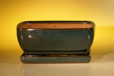 Dark Moss Green Ceramic Bonsai Pot - Rectangle -Professional Series with Attached Humidity/Drip tray -8.5 x 6.5 x 3.5