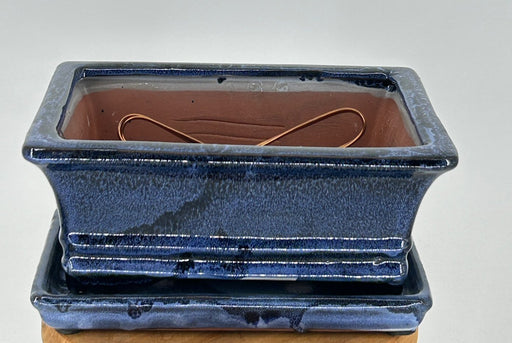 Marble Blue Ceramic Bonsai Pot - Rectangle-Professional Series with Attached Humidity/Drip tray-8.25 x 6.25 x 3.75