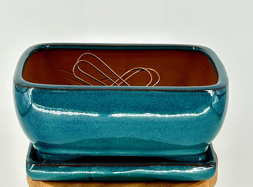 Blue / Green Ceramic Bonsai Pot  With Attached Humidity/Drip tray-Professional Series- Rectangle-8.5 x 6.5 x 4.0