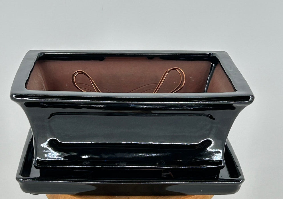 Black Ceramic Bonsai Pot  With Attached Humidity/Drip tray - Professional Series Rectangle-10.25 x 8.25 x 4.5 OD, 9 x 6.75 x 3.5 ID
