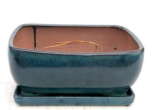 Blue / Green Ceramic Bonsai Pot - Rectangle -Professional Series with Attached Humidity/Drip Tray -10.75 x 8.5 x 4.125