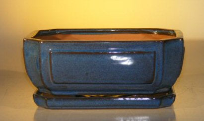 Blue Ceramic Bonsai Pot - Rectangle -Professional Series with Attached Humidity/Drip tray -10.75 x 8.5 x 4.125