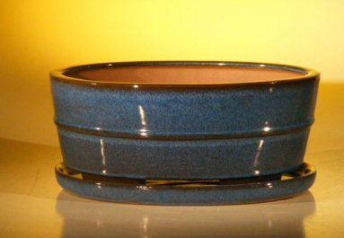 Blue Ceramic Bonsai Pot- Oval -Professional Series with Attached Humidity/Drip tray -10.0 x 7.5 x 4.5