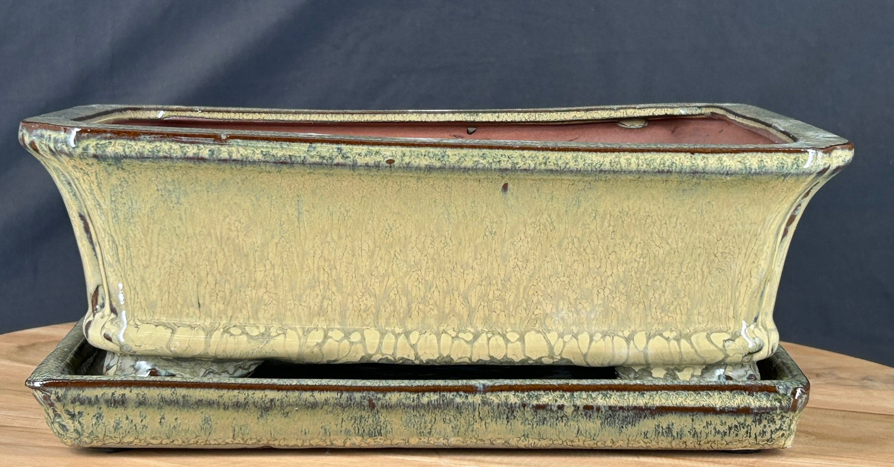 Olive Green Bonsai Pot - With Matching Humidity Drip Tray - 10.25" x 8.0" x 3.0"