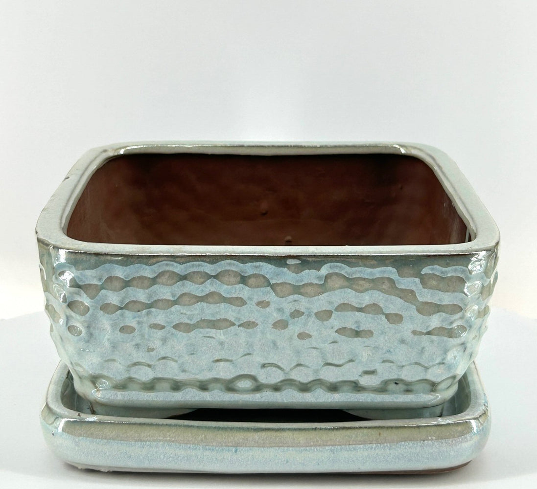 Crackle Pearl Square Ceramic Bonsai Pot-With Humidity / Drip Tray-