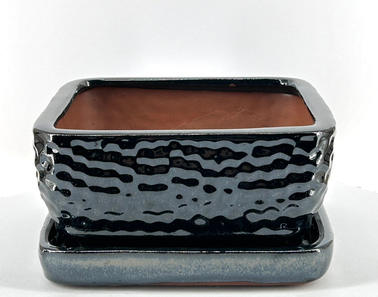 Crackle Black Square Ceramic Bonsai Pot-With Humidity / Drip Tray-