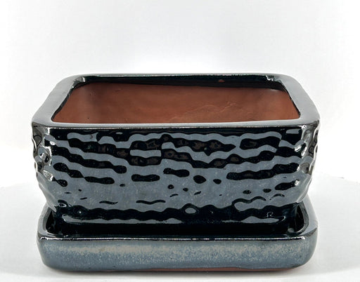 Crackle Black Square Ceramic Bonsai Pot-With Humidity / Drip Tray-