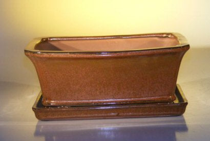 Aztec Orange Ceramic Bonsai Pot - Rectangle-Professional Series with Attached Humidity/Drip tray-10.75 x 8.5 x 4.125