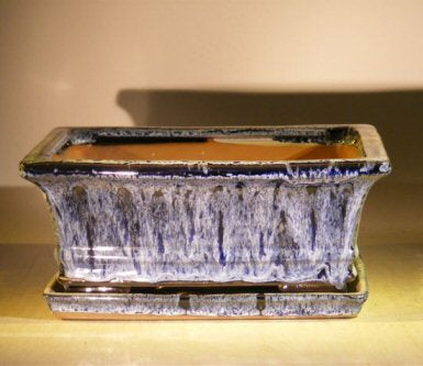 Marble Blue Ceramic Bonsai Pot - Rectangle Professional Series with Attached Humidity/Drip tray 8.5 x 6.5 x 3.5