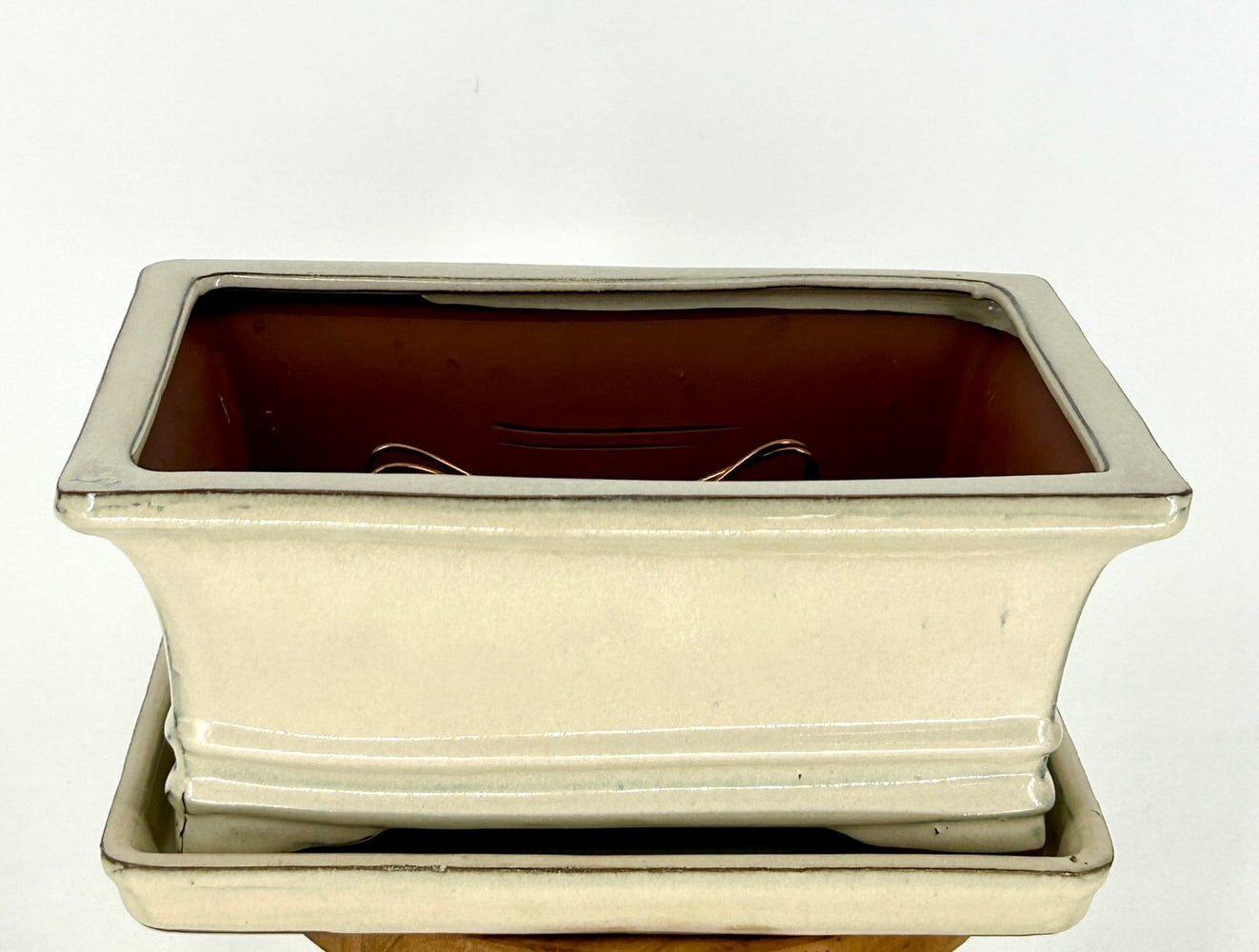 Beige Ceramic Bonsai Pot - Rectangle-Professional Series with Attached Humidity/Drip tray-10.5 x 8.25 x 4.75