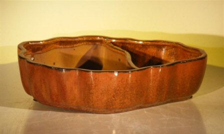 Aztec Orange Ceramic Bonsai Pot - Oval with Scalloped Edges - Land/Water Divider - 8.75 x 6.0 x 3.0