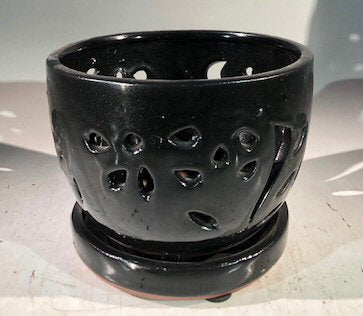 Black Ceramic Orchid Pot - Round -With Attached Humidity Drip Tray-6 x 6 x 4.5 tall