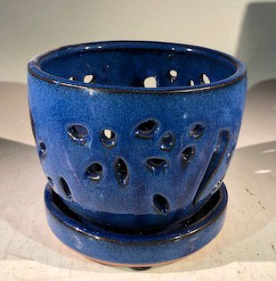 Blue Ceramic Orchid Pot - Round -With Attached Humidity Drip Tray-6 x 6 x 4.5 tall