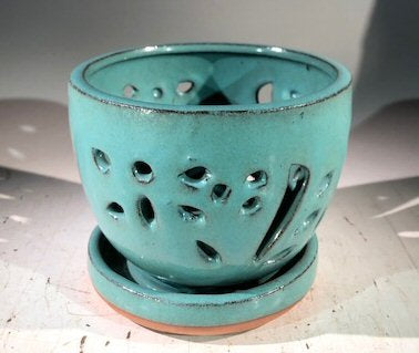 Light Blue Ceramic Orchid Pot - Round -With Attached Humidity Drip Tray-6 x 6 x 4.5 tall