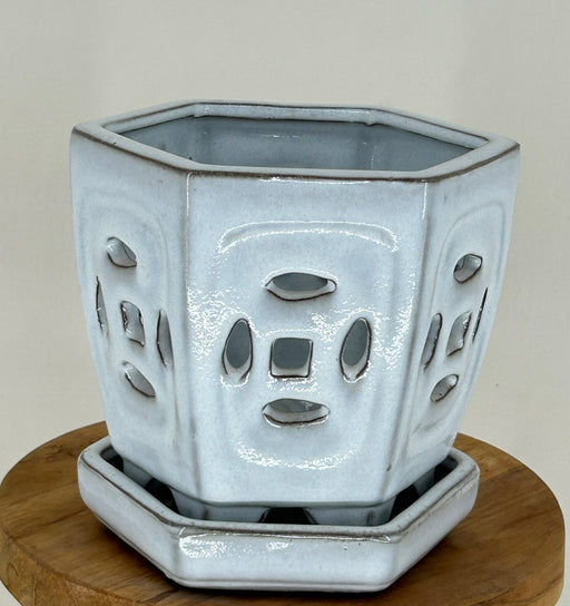 White Ceramic Orchid Pot- - Hexagon Shaped-With Attached Humidity Drip Tray-5.5 x 5.0 x 5.125 tall