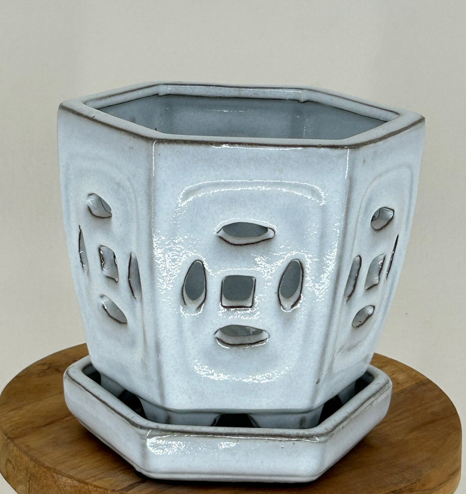 White Ceramic Orchid Pot- - Hexagon Shaped-With Attached Humidity Drip Tray-5.5 x 5.0 x 5.125 tall
