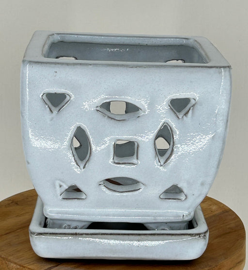 White Ceramic Orchid Pot - Square-With Attached Humidity Drip Tray-5.5 x 5.5 x 5.25 tall