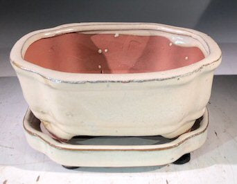 Beige Ceramic Bonsai Pot -Rectangle-With Humidity Drip Tray-6 x 5 x 2.5