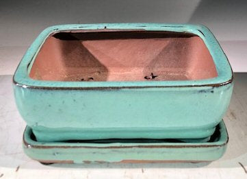 Turquoise Ceramic Bonsai Pot -Rectangle-With Humidity Drip Tray-6 x 4.5 x 2.5