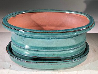 Blue / Green Ceramic Bonsai Pot -Oval-With Humidity Drip Tray-7 x 5.5 x 3
