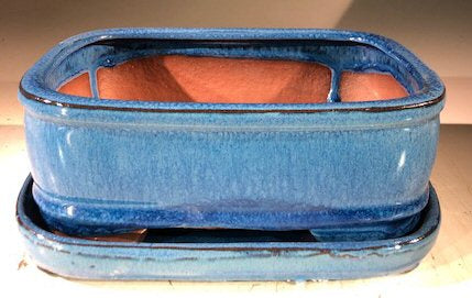 Blue Ceramic Bonsai Pot - Rectangle-With Humidity Drip Tray-7 x 5.5 x 3