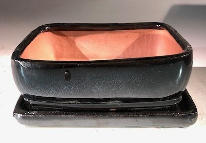 Black Ceramic Bonsai Pot - Rectangle-With Humidity Drip Tray-7 x 5.5 x 3