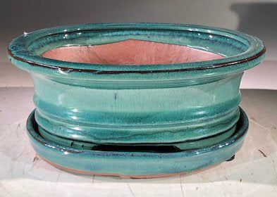 Blue / Green Ceramic Bonsai Pot - Oval-With Humidity Drip Tray-8 x 6 x 3