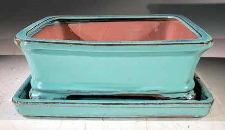 Light Blue Ceramic Bonsai Pot - Rectangle-With Humidity Drip Tray-8 x 6 x 3