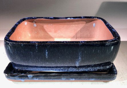 Marble Blue Ceramic Bonsai Pot - Rectangle-With Humidity Drip Tray-8 x 6 x 3