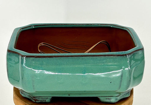 Light Green Ceramic Bonsai Pot-Rectangle with Indented Corners-Professional Series-8.25 x 6.75 x 3.5
