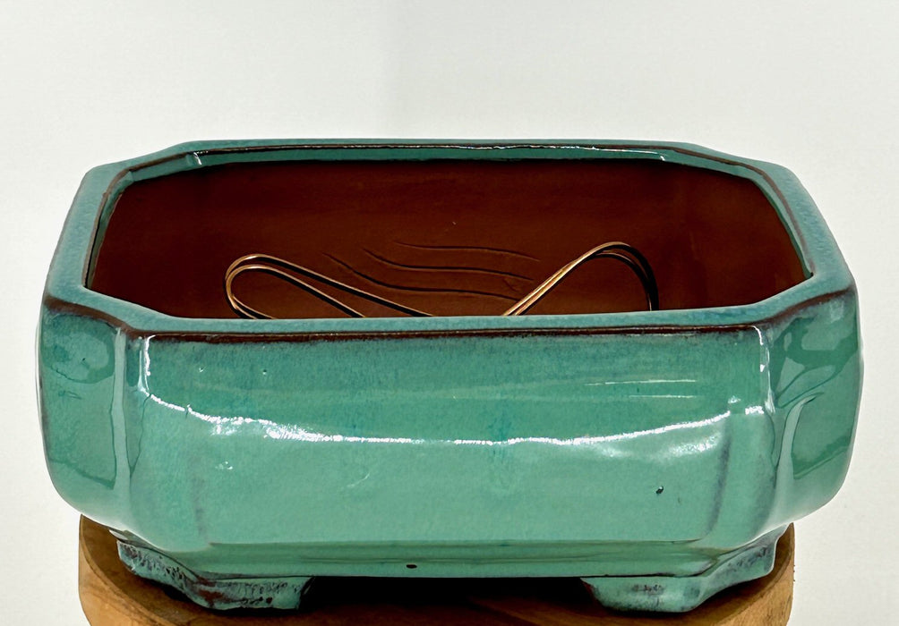 Light Green Ceramic Bonsai Pot-Rectangle with Indented Corners-Professional Series-8.25 x 6.75 x 3.5