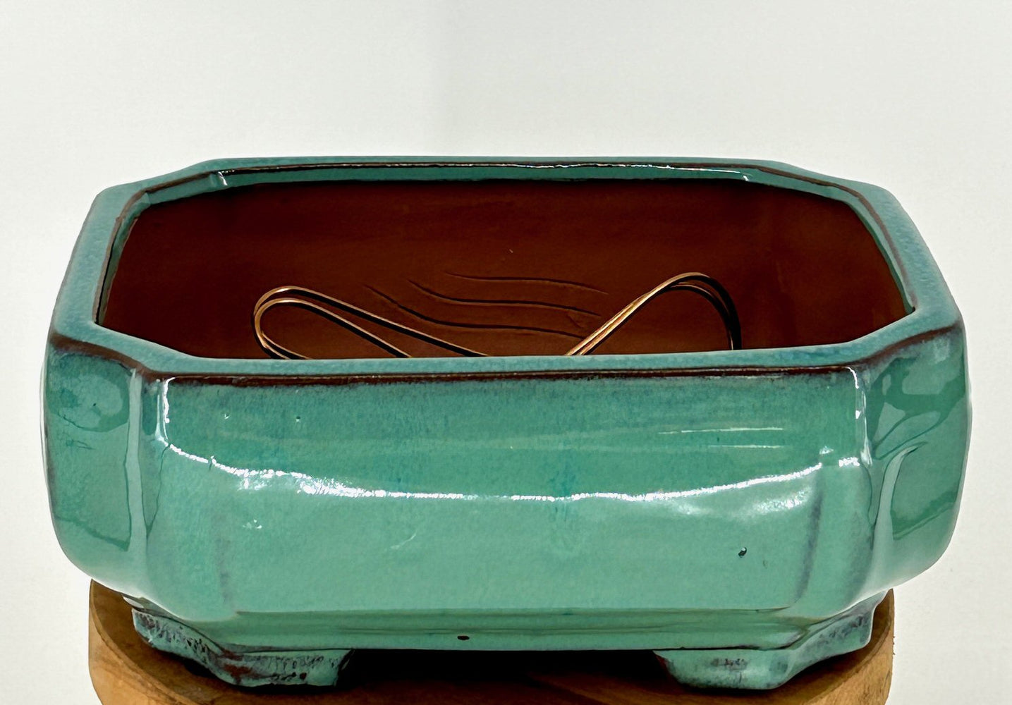 Light Green Ceramic Bonsai Pot-Rectangle with Indented Corners-Professional Series-8.25 x 6.75 x 3.5