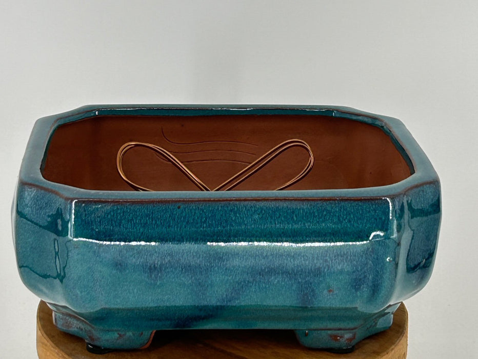 Blue / Green Ceramic Bonsai Pot-Rectangle with Indented Corners -Professional Series -8.0 x 6.5 x 3.5