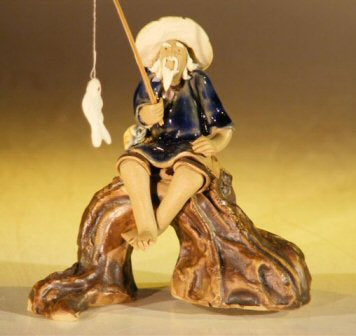 Ceramic Figurine-Fisherman Sitting On A Log-Large Size