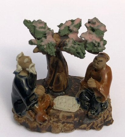 Miniature Ceramic Figurine- Two Men Sitting at a Table Under a Tree -Blue & Brown Color